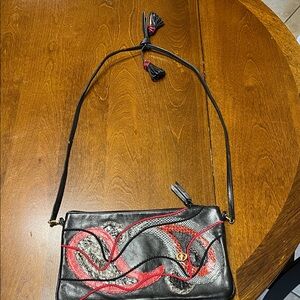 Vintage Leather and Snakeskin Black and Red Crossbody Bag